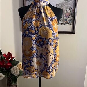 cupcakes & cashmere Yellow and Blue Floral Halter Top